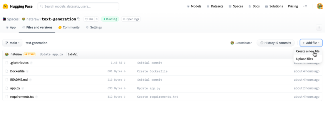 - hugging face space files versions Screenshot showing selection of "Create a new file" under "Add file" dropdown menu.